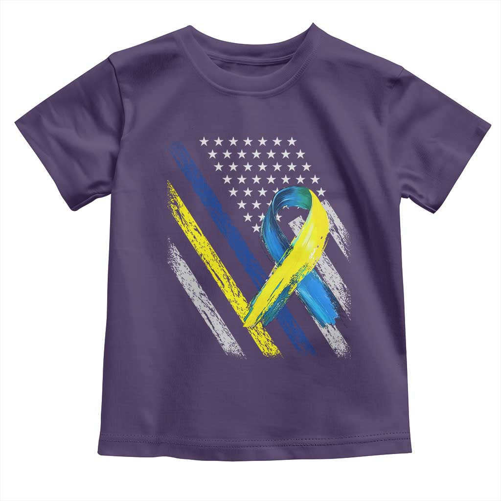 World Down Syndrome Day Toddler T Shirt Blue Yellow Ribbon American Flag T21 321