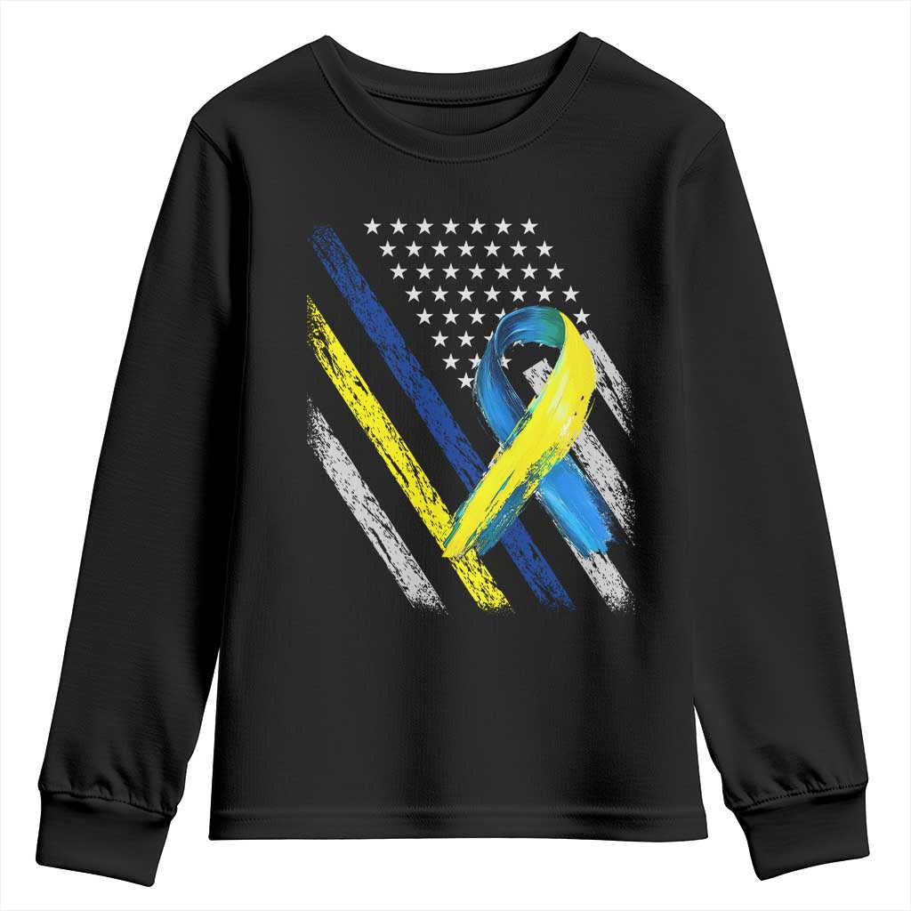 World Down Syndrome Day Youth Sweatshirt Blue Yellow Ribbon American Flag T21 321