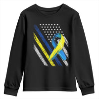 World Down Syndrome Day Youth Sweatshirt Blue Yellow Ribbon American Flag T21 321