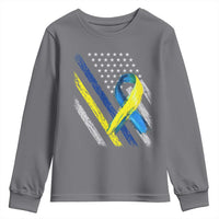 World Down Syndrome Day Youth Sweatshirt Blue Yellow Ribbon American Flag T21 321