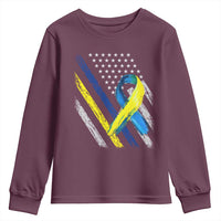 World Down Syndrome Day Youth Sweatshirt Blue Yellow Ribbon American Flag T21 321