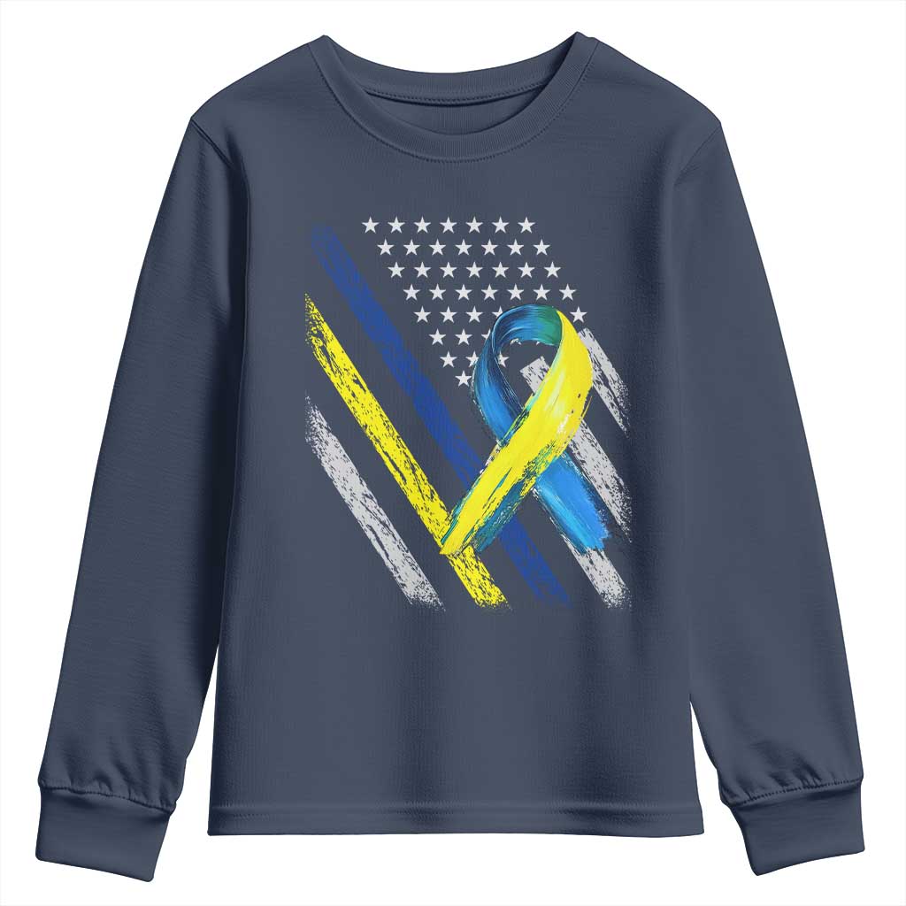 World Down Syndrome Day Youth Sweatshirt Blue Yellow Ribbon American Flag T21 321