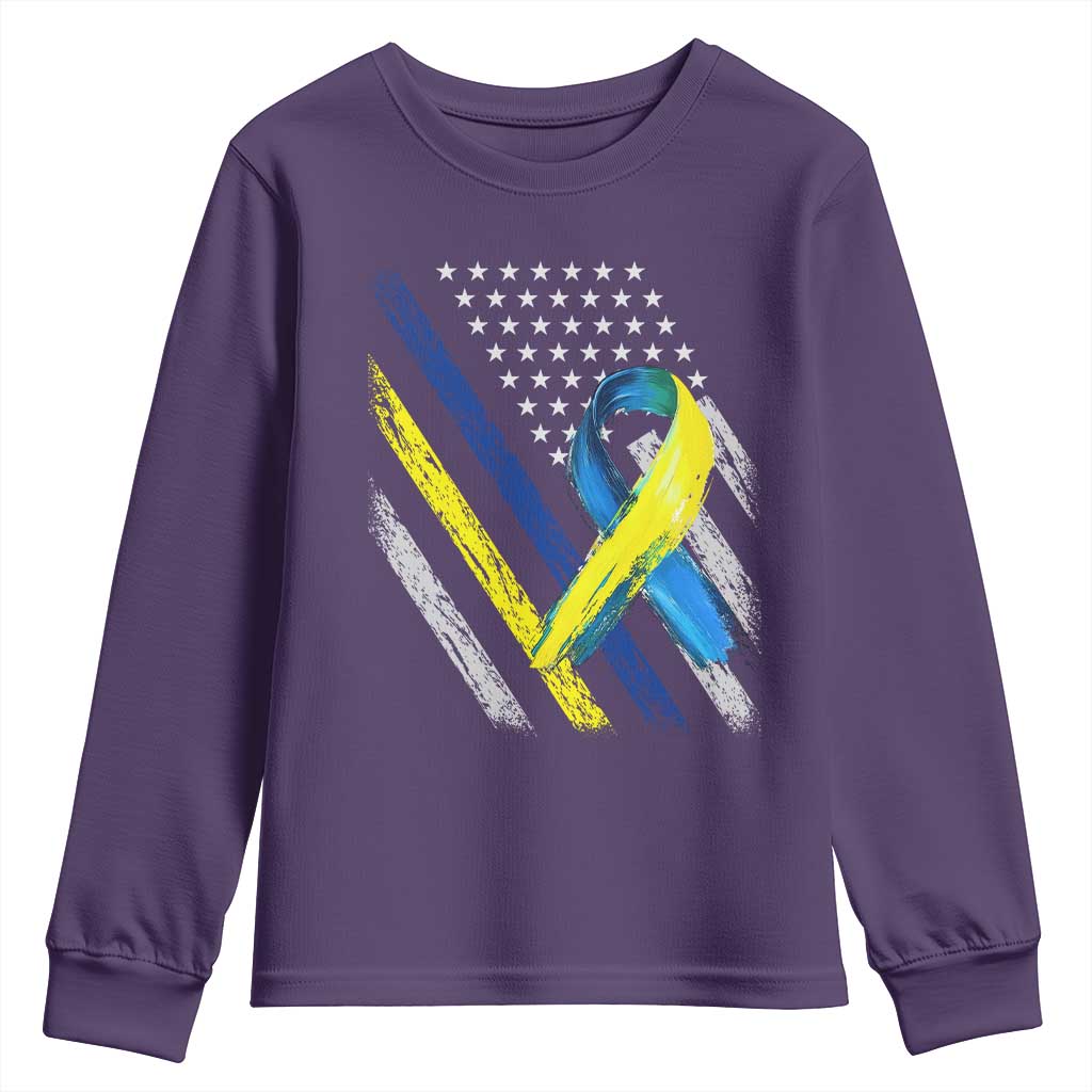 World Down Syndrome Day Youth Sweatshirt Blue Yellow Ribbon American Flag T21 321