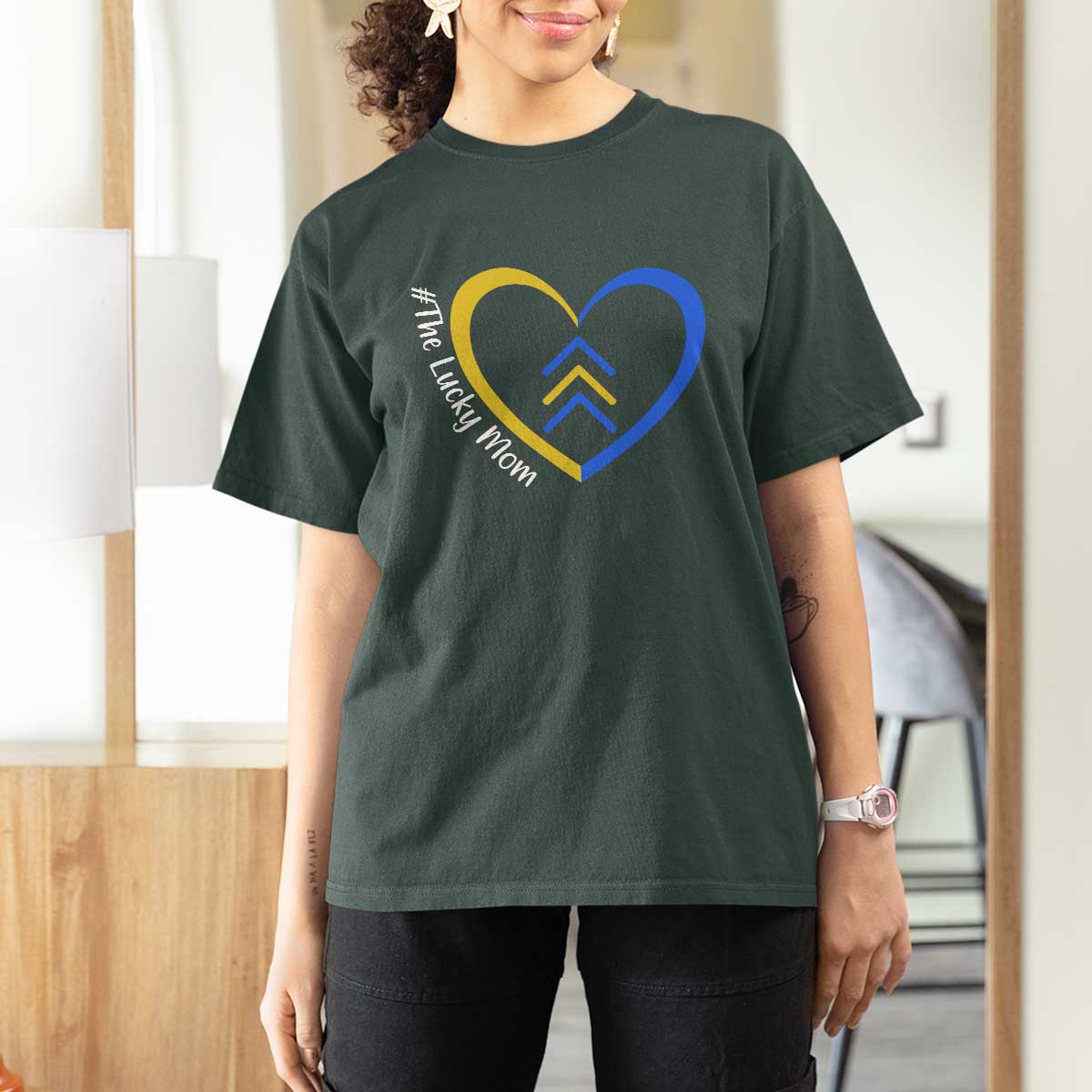 Down Syndrome Mom T Shirt For Women Love Heart Three Arrows Lucky Mama T21 321