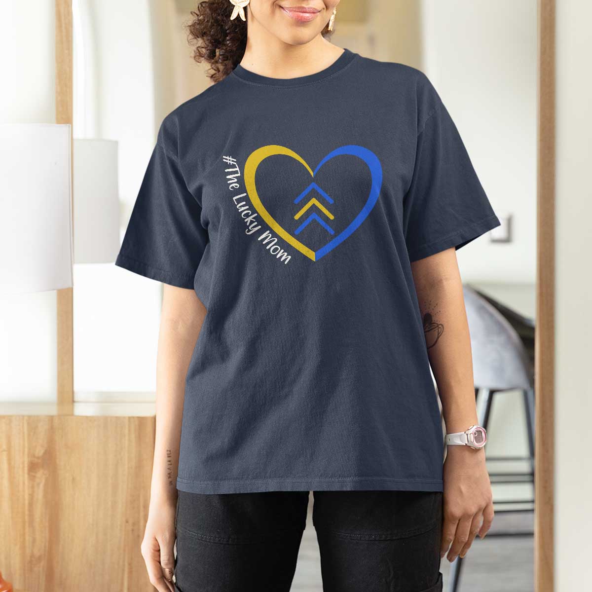 Down Syndrome Mom T Shirt For Women Love Heart Three Arrows Lucky Mama T21 321
