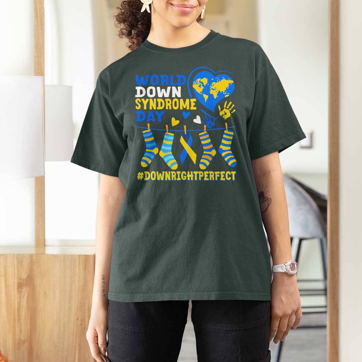 World Down Syndrome Day T Shirt For Women Blue Yellow Ribbon Down Right Perfect Awareness Support