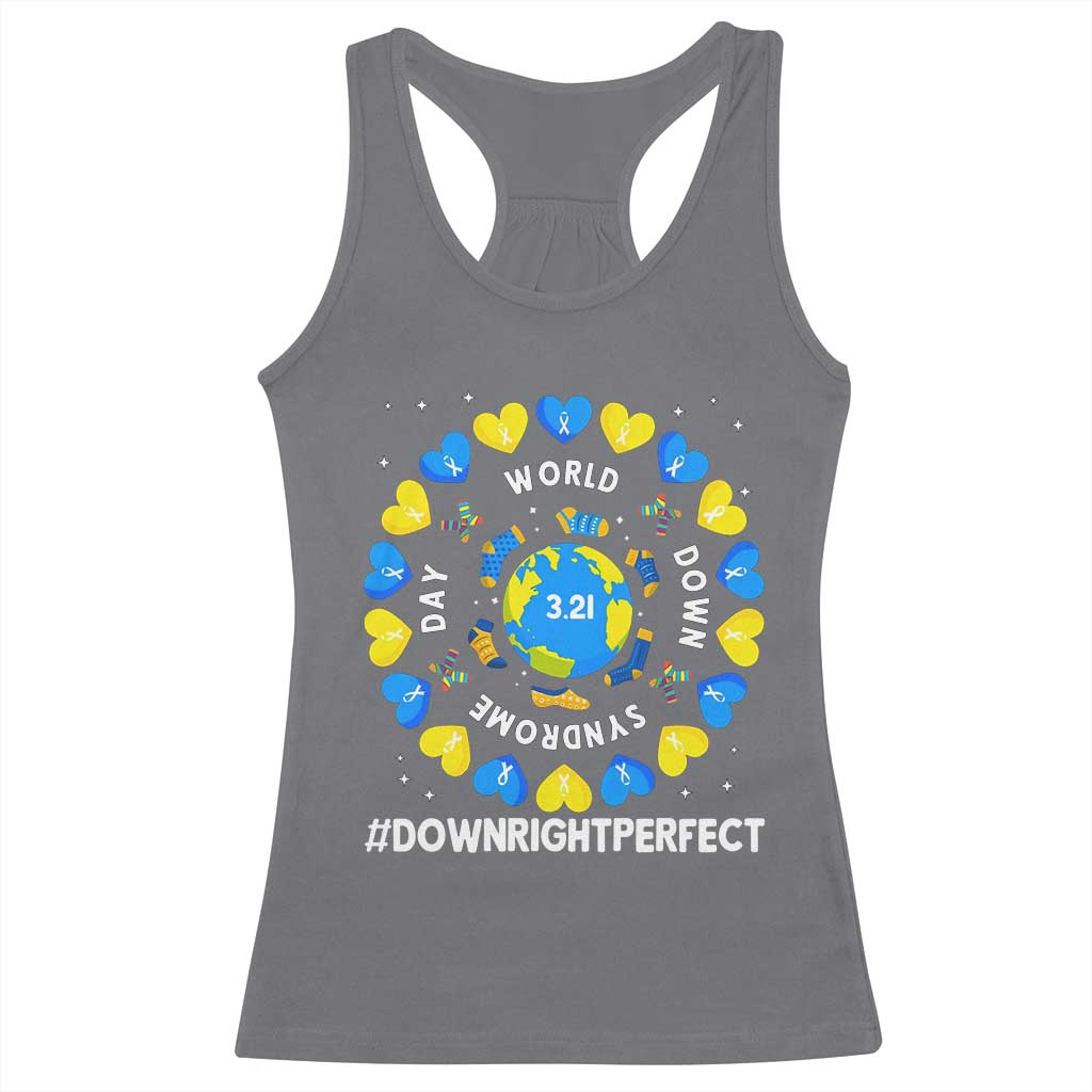 World Down Syndrome Day Racerback Tank Top 321 Awareness Support Blue Yellow Ribbon Down Right Perfect