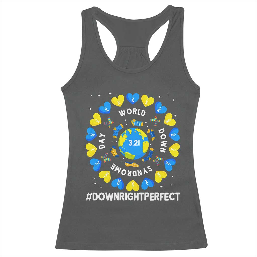 World Down Syndrome Day Racerback Tank Top 321 Awareness Support Blue Yellow Ribbon Down Right Perfect