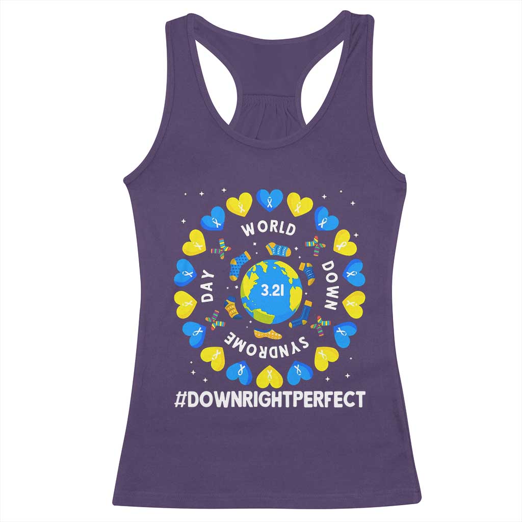 World Down Syndrome Day Racerback Tank Top 321 Awareness Support Blue Yellow Ribbon Down Right Perfect