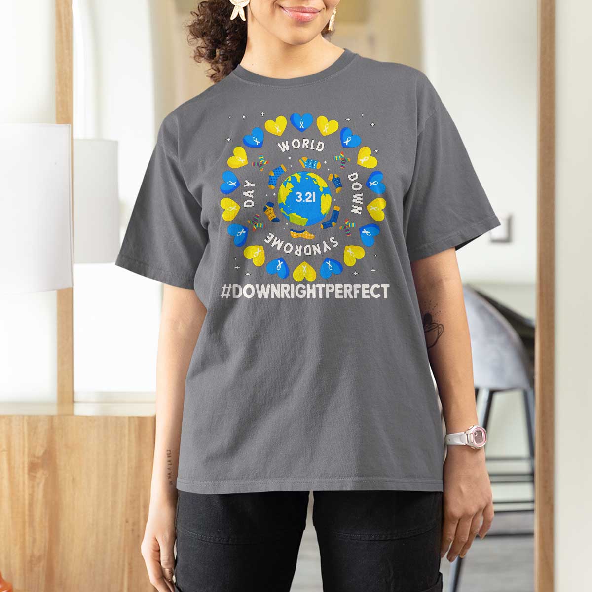 World Down Syndrome Day T Shirt For Women 321 Awareness Support Blue Yellow Ribbon Down Right Perfect
