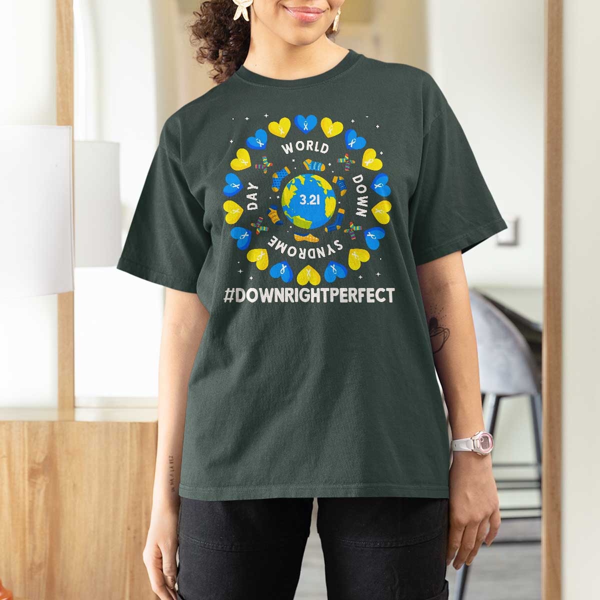 World Down Syndrome Day T Shirt For Women 321 Awareness Support Blue Yellow Ribbon Down Right Perfect