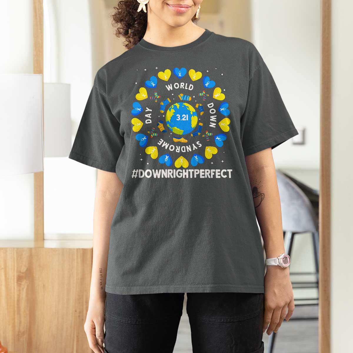 World Down Syndrome Day T Shirt For Women 321 Awareness Support Blue Yellow Ribbon Down Right Perfect