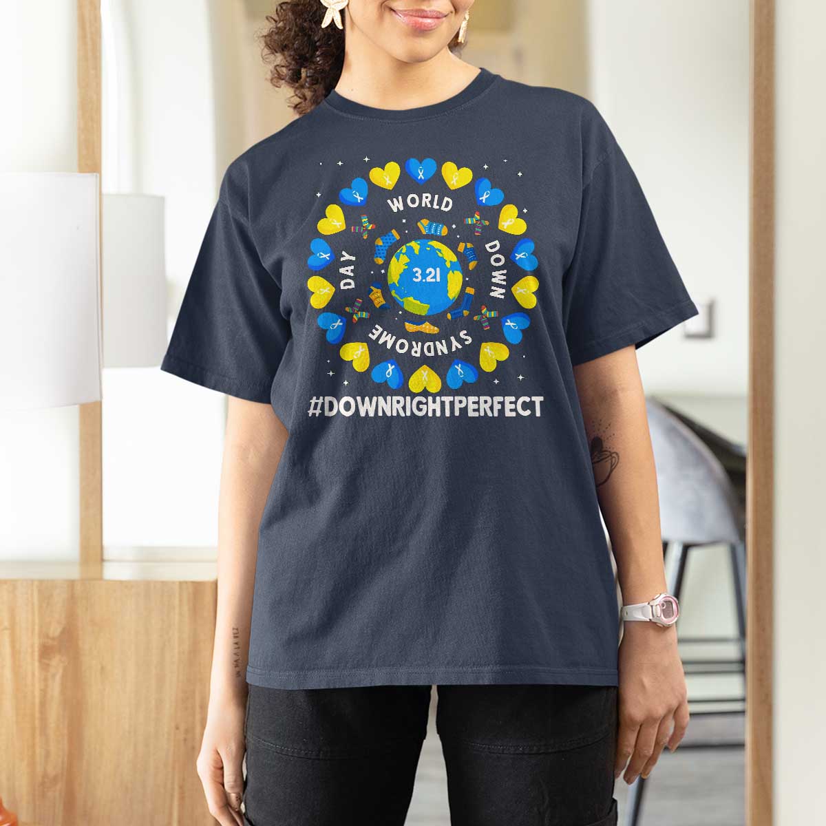 World Down Syndrome Day T Shirt For Women 321 Awareness Support Blue Yellow Ribbon Down Right Perfect