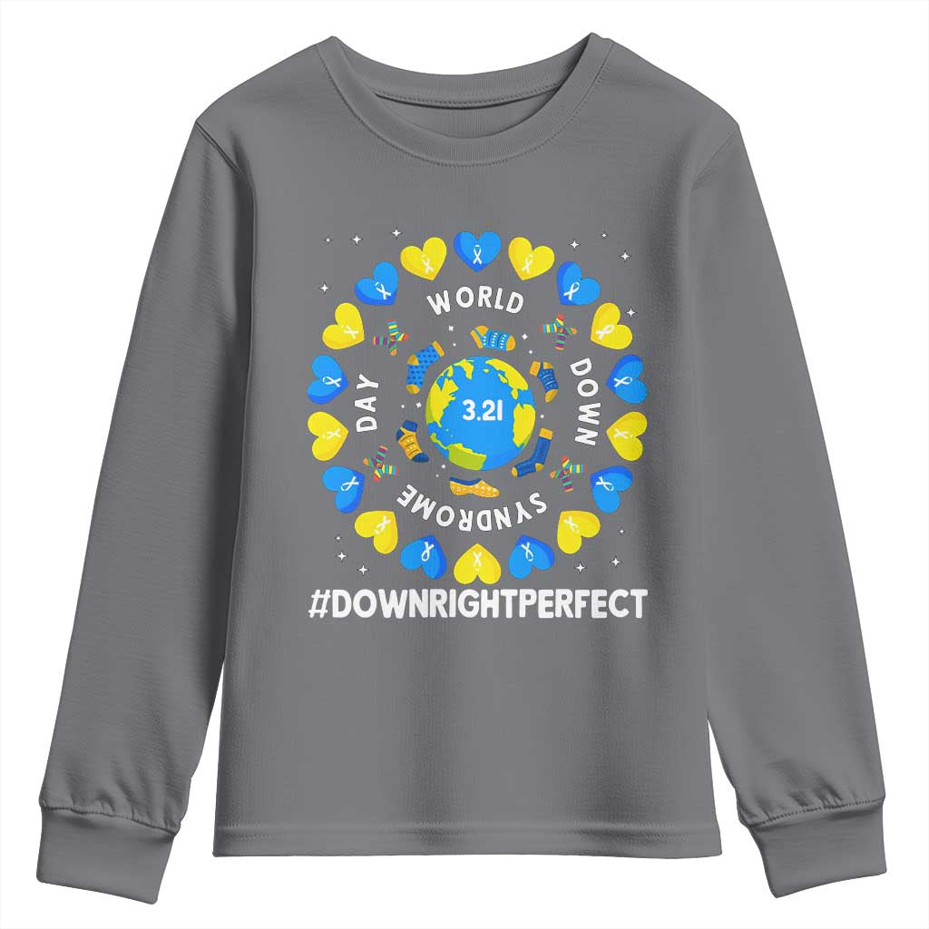 World Down Syndrome Day Youth Sweatshirt 321 Awareness Support Blue Yellow Ribbon Down Right Perfect