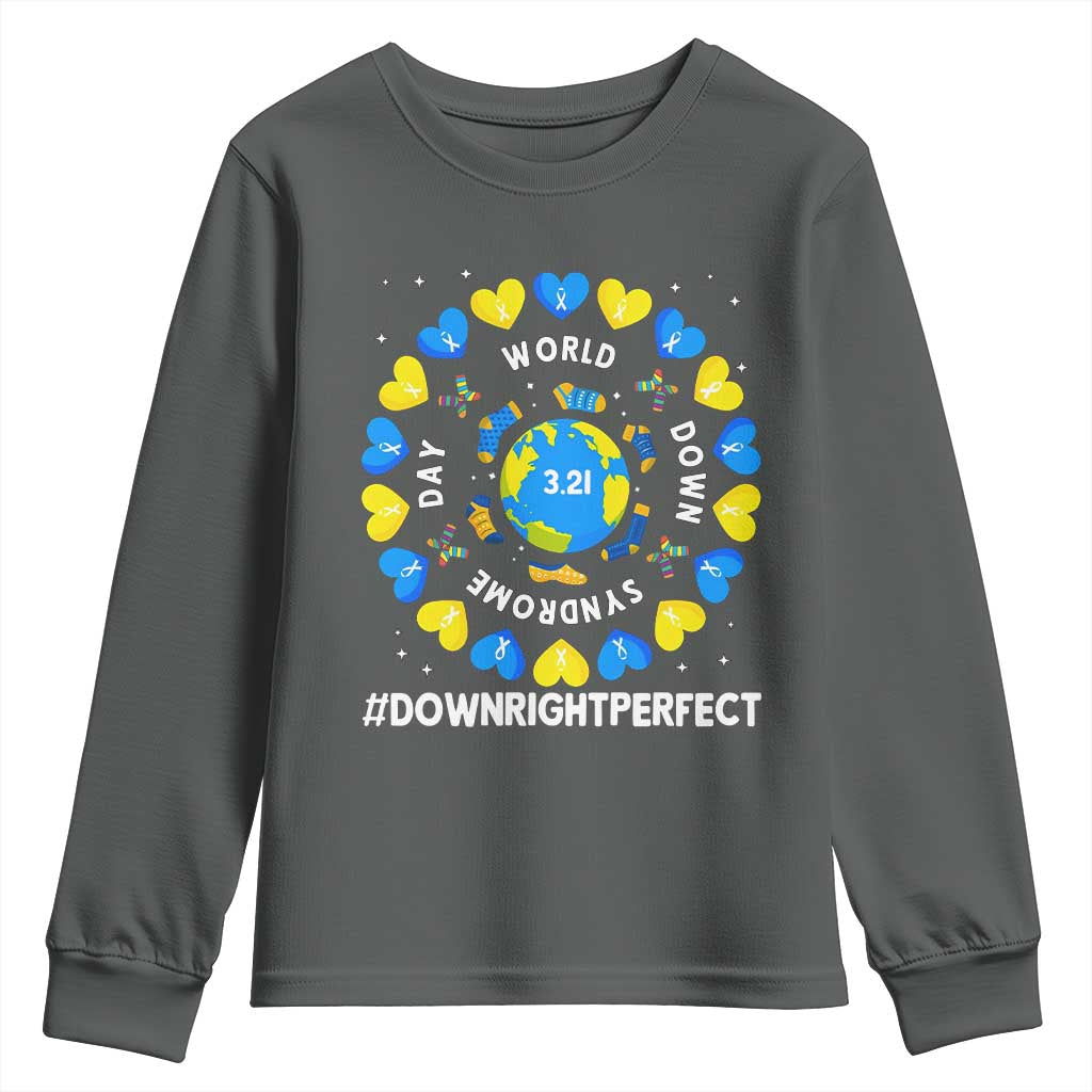 World Down Syndrome Day Youth Sweatshirt 321 Awareness Support Blue Yellow Ribbon Down Right Perfect
