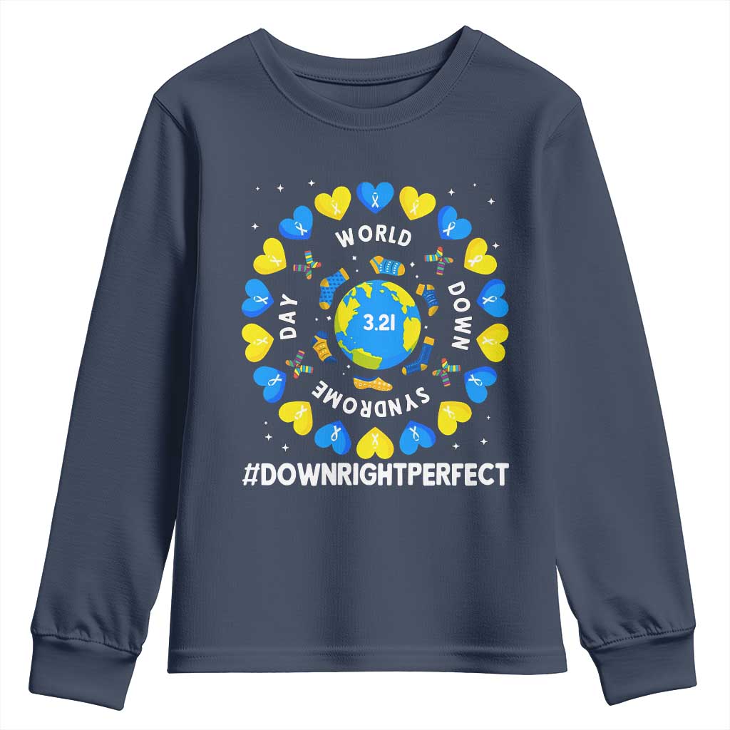 World Down Syndrome Day Youth Sweatshirt 321 Awareness Support Blue Yellow Ribbon Down Right Perfect
