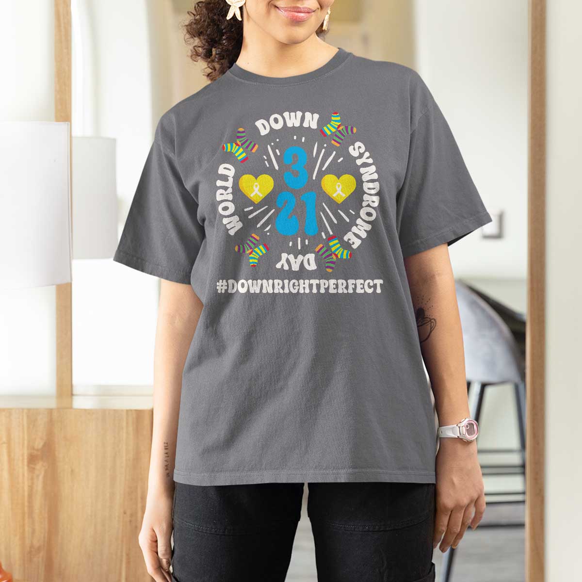 World Down Syndrome Day T Shirt For Women 321 Awareness Support Blue Yellow Ribbon