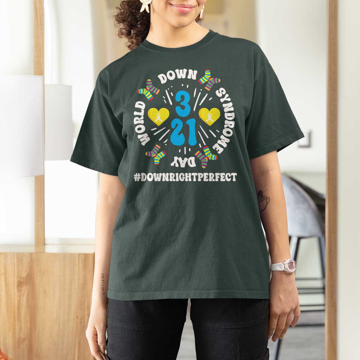 World Down Syndrome Day T Shirt For Women 321 Awareness Support Blue Yellow Ribbon