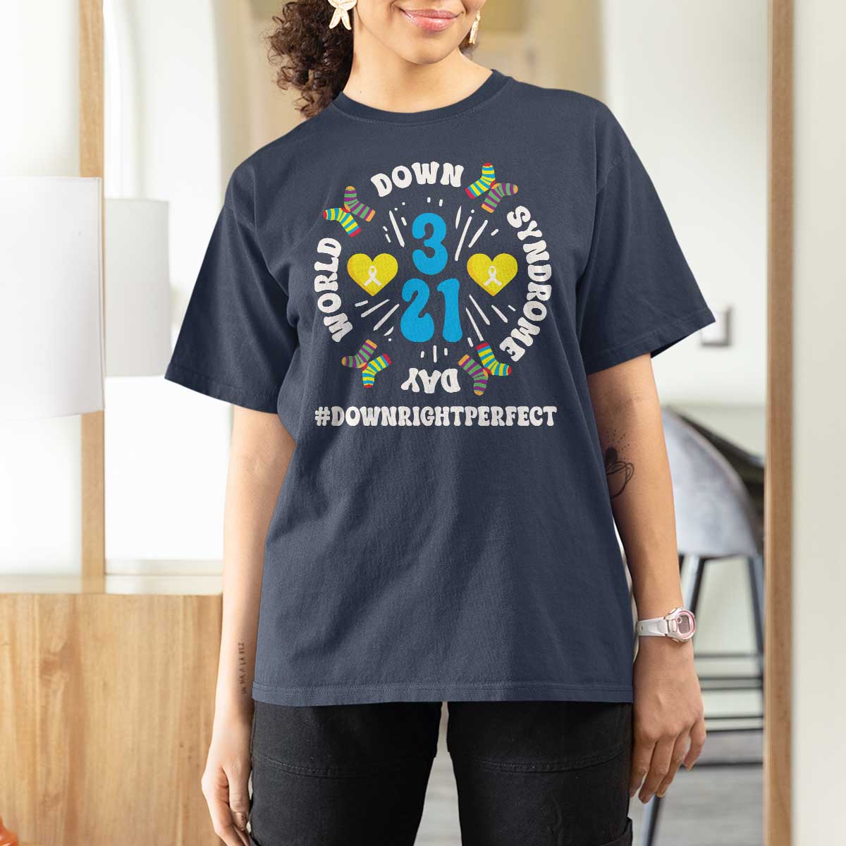 World Down Syndrome Day T Shirt For Women 321 Awareness Support Blue Yellow Ribbon