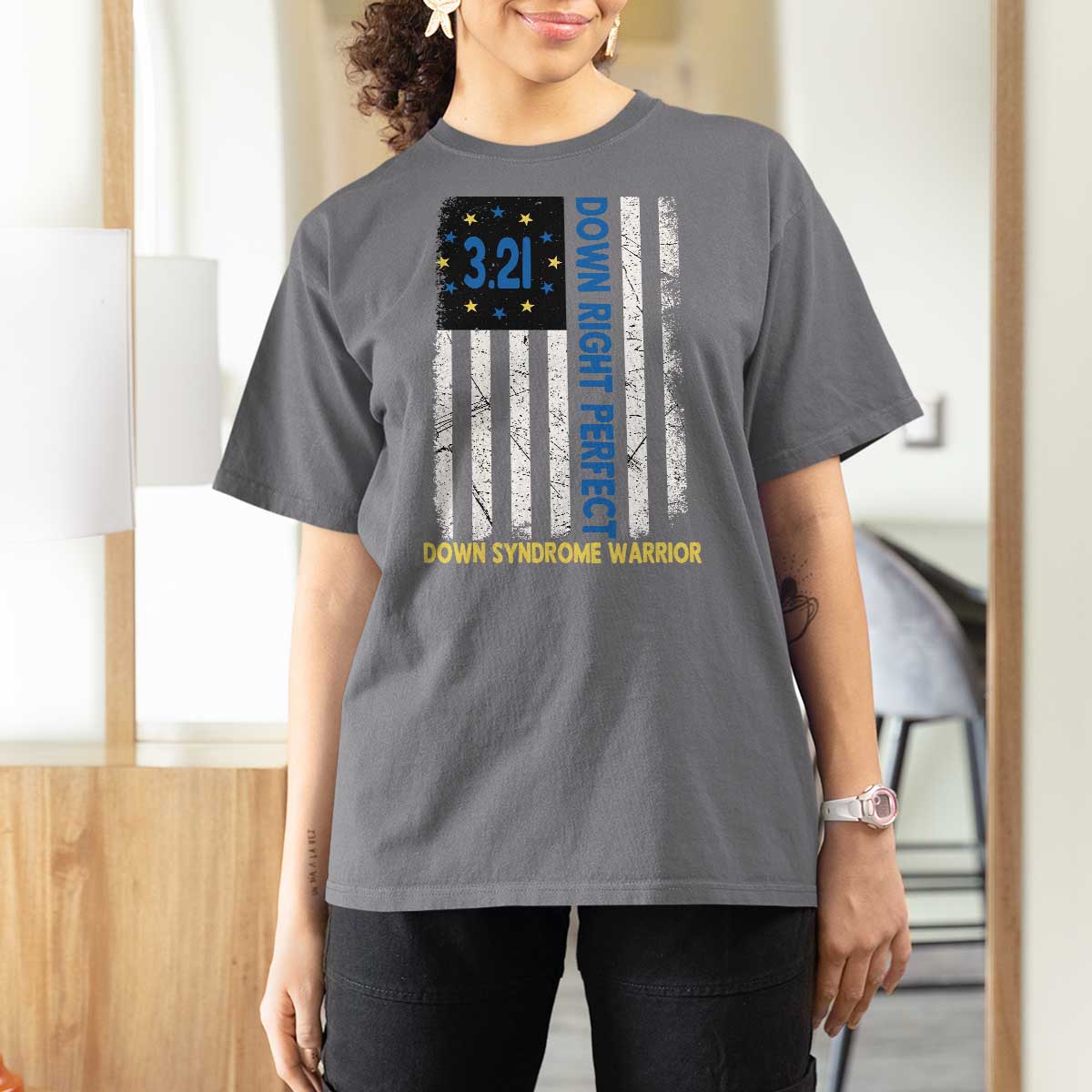 World Down Syndrome Day T Shirt For Women Blue Yellow Ribbon American Flag 321