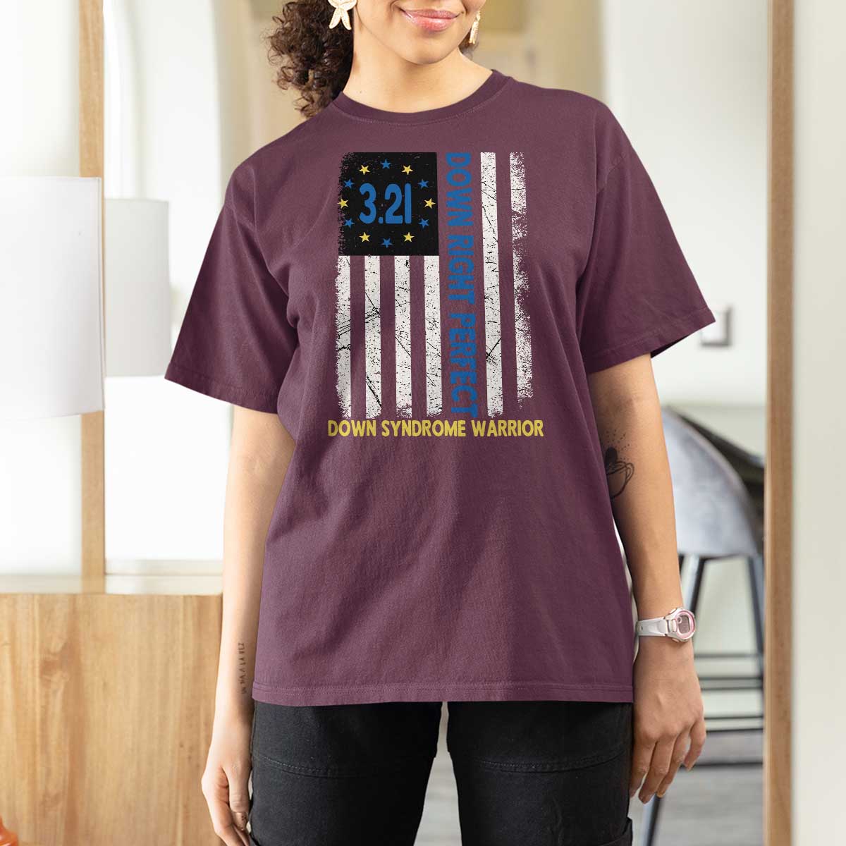 World Down Syndrome Day T Shirt For Women Blue Yellow Ribbon American Flag 321