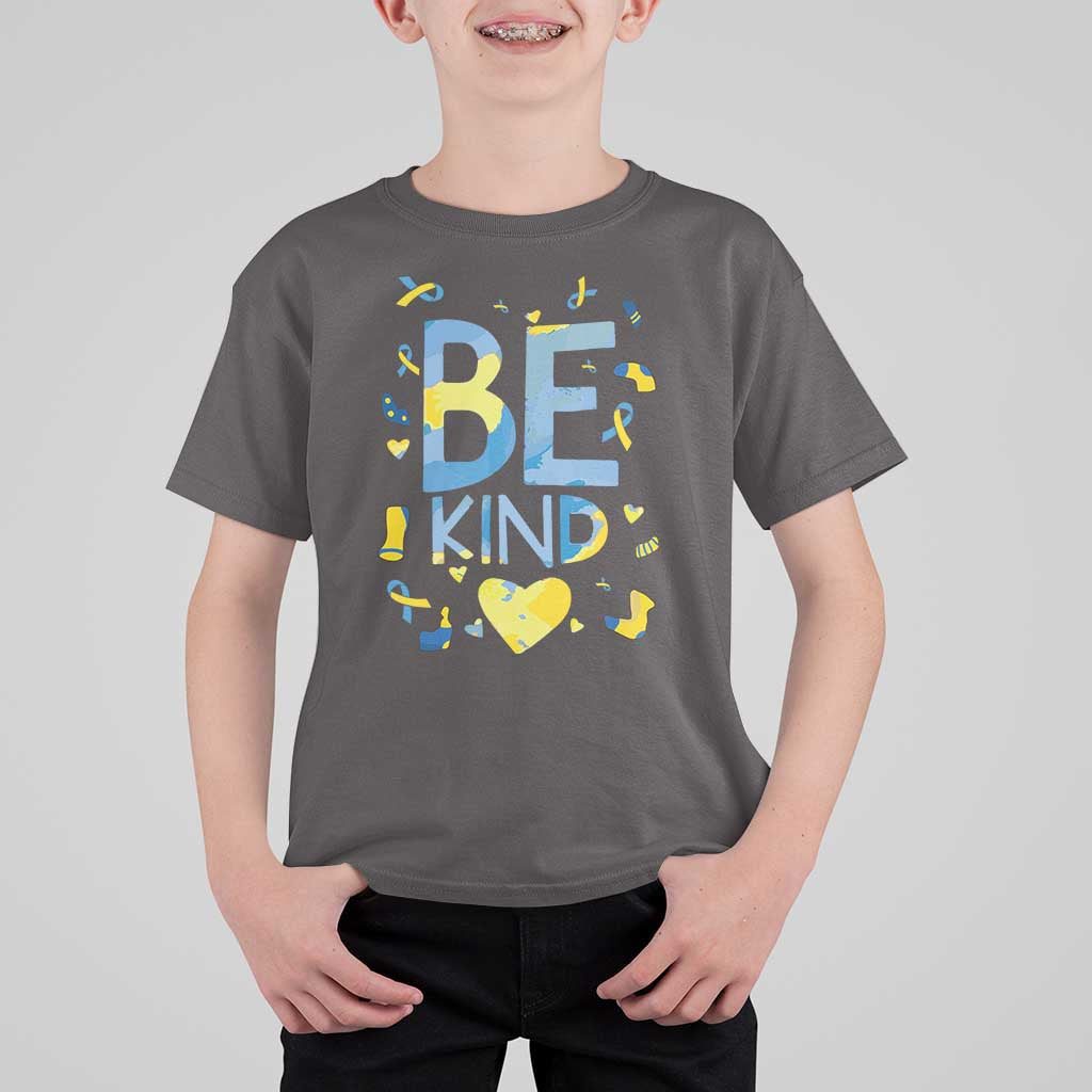 World Down Syndrome Day T Shirt For Kid Awareness Support Blue Yellow Ribbon Be Nice Kind