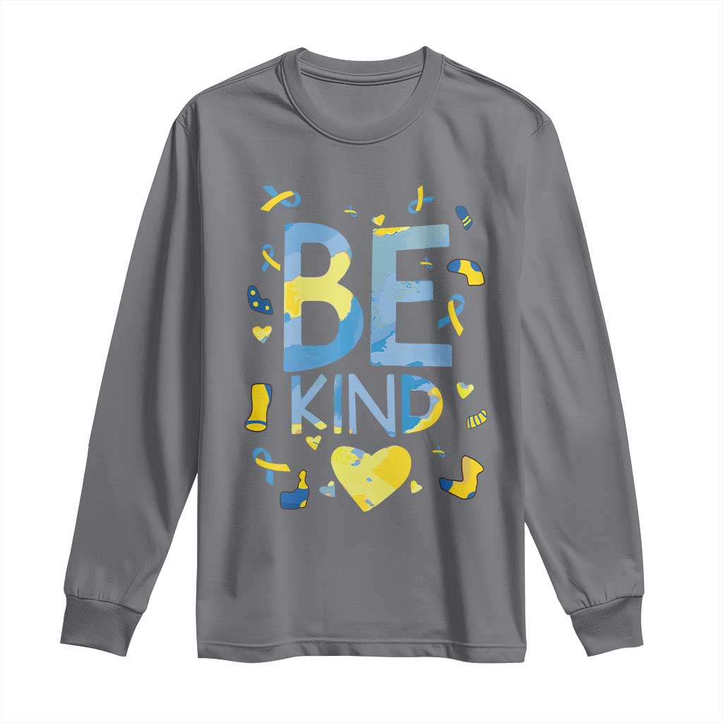 World Down Syndrome Day Long Sleeve Shirt Awareness Support Blue Yellow Ribbon Be Nice Kind