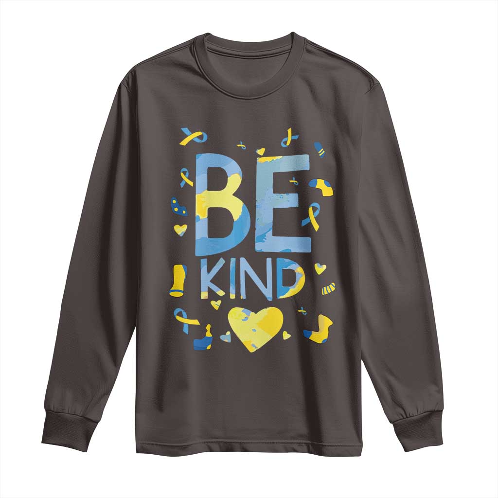 World Down Syndrome Day Long Sleeve Shirt Awareness Support Blue Yellow Ribbon Be Nice Kind