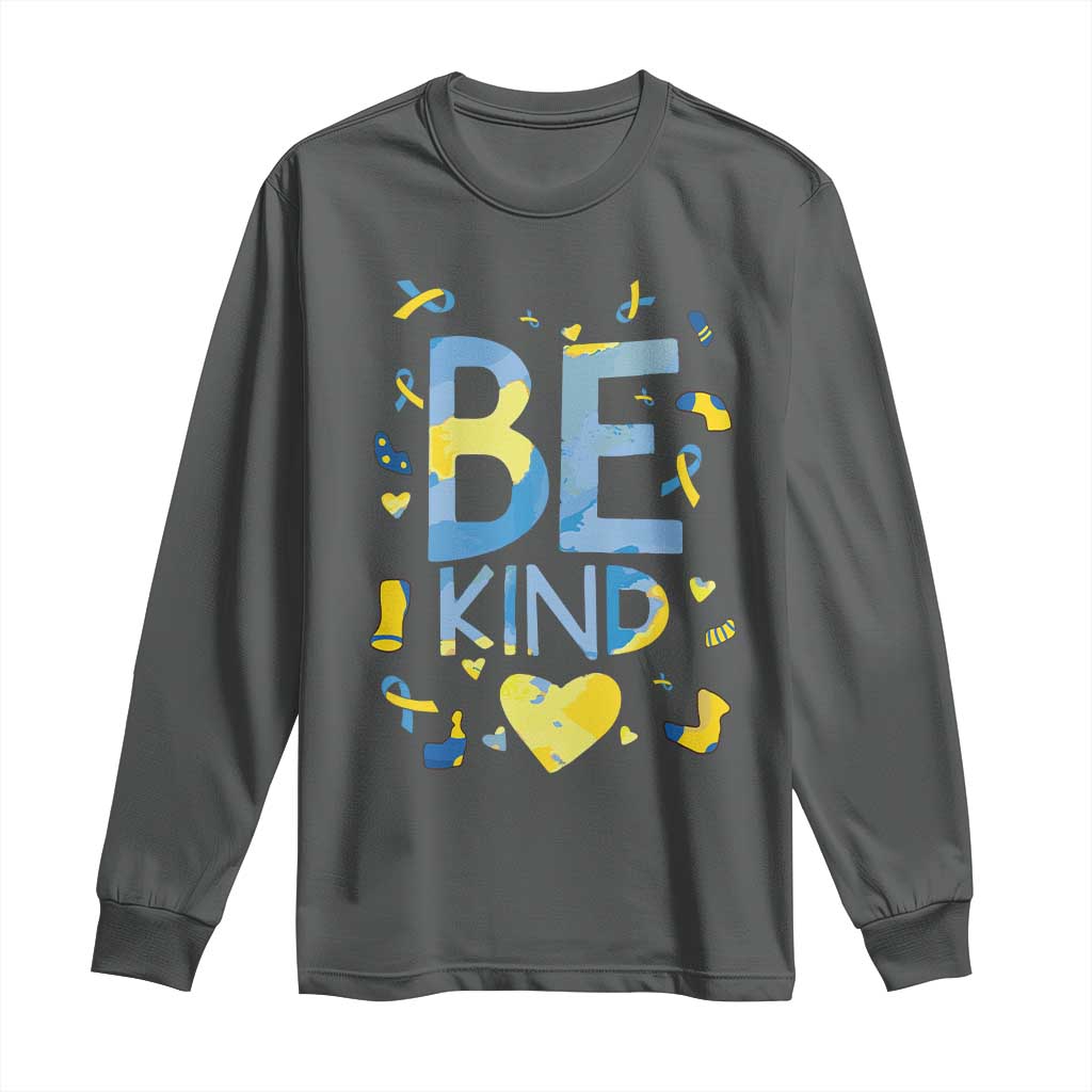 World Down Syndrome Day Long Sleeve Shirt Awareness Support Blue Yellow Ribbon Be Nice Kind