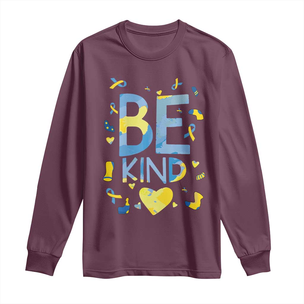 World Down Syndrome Day Long Sleeve Shirt Awareness Support Blue Yellow Ribbon Be Nice Kind
