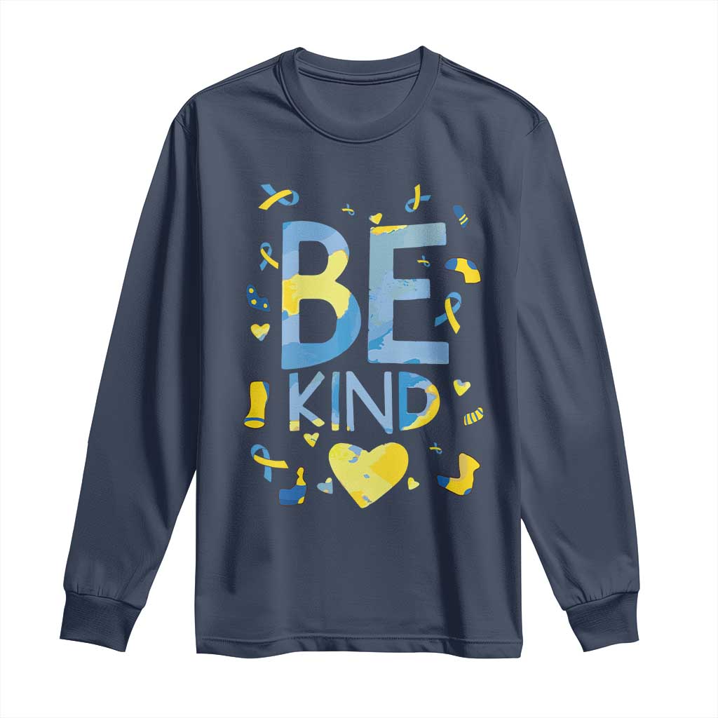 World Down Syndrome Day Long Sleeve Shirt Awareness Support Blue Yellow Ribbon Be Nice Kind