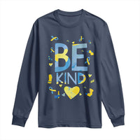 World Down Syndrome Day Long Sleeve Shirt Awareness Support Blue Yellow Ribbon Be Nice Kind