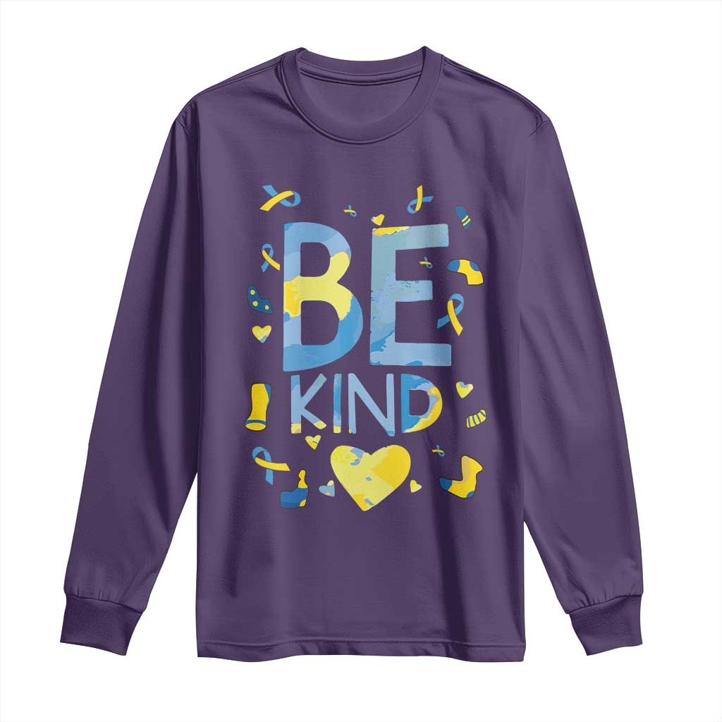 World Down Syndrome Day Long Sleeve Shirt Awareness Support Blue Yellow Ribbon Be Nice Kind