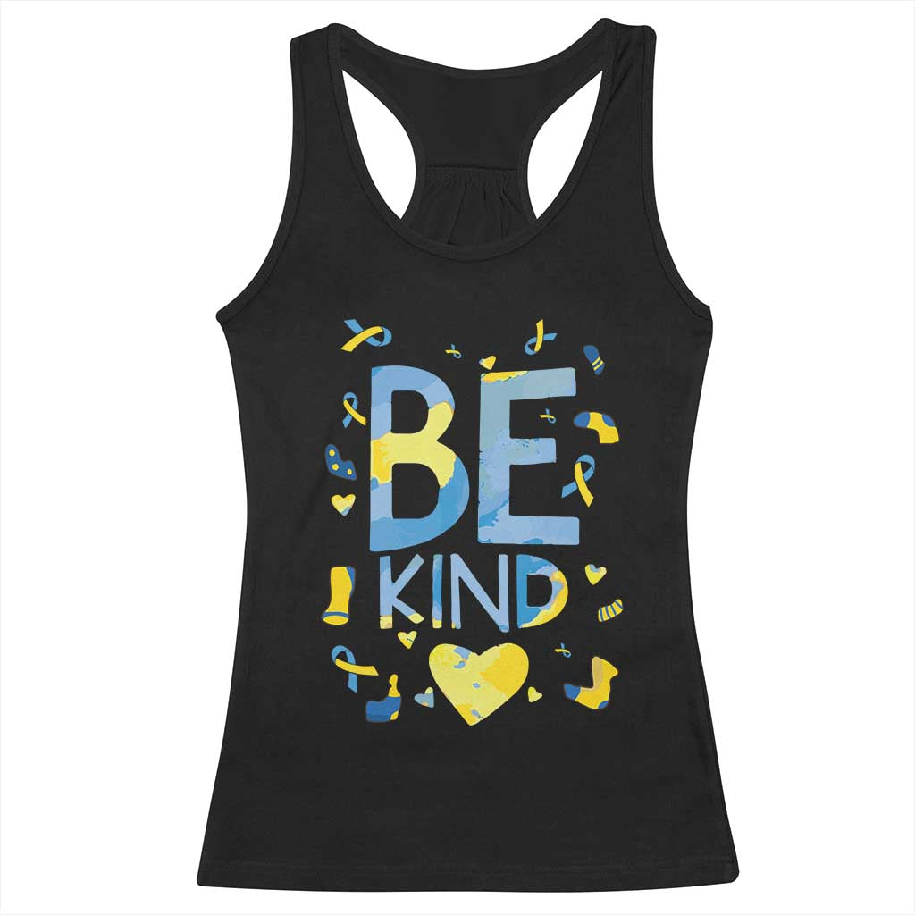 World Down Syndrome Day Racerback Tank Top Awareness Support Blue Yellow Ribbon Be Nice Kind