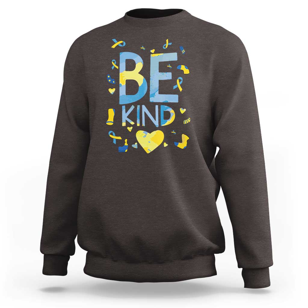 World Down Syndrome Day Sweatshirt Awareness Support Blue Yellow Ribbon Be Nice Kind