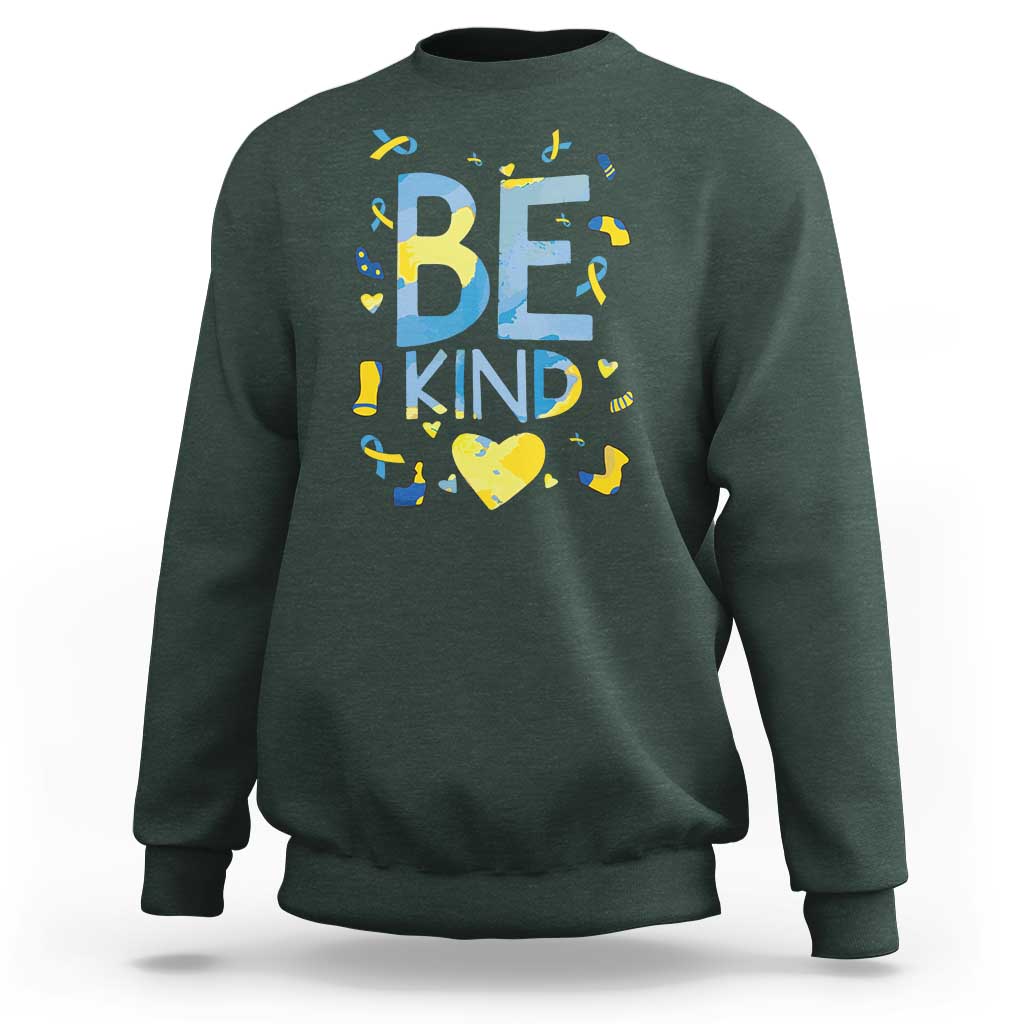 World Down Syndrome Day Sweatshirt Awareness Support Blue Yellow Ribbon Be Nice Kind