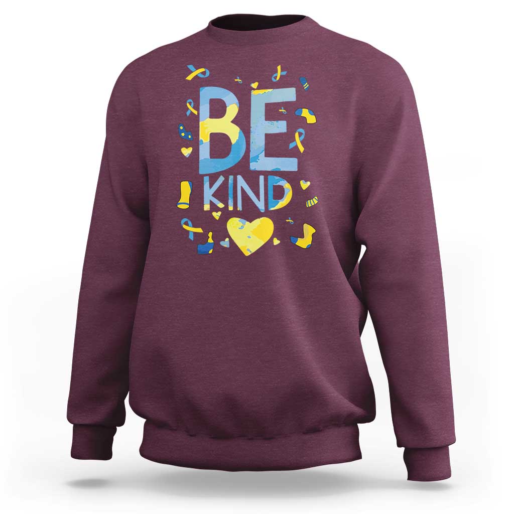 World Down Syndrome Day Sweatshirt Awareness Support Blue Yellow Ribbon Be Nice Kind