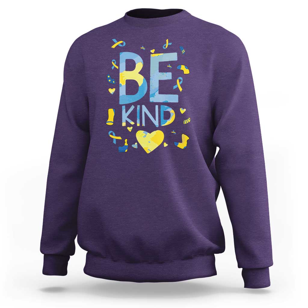 World Down Syndrome Day Sweatshirt Awareness Support Blue Yellow Ribbon Be Nice Kind