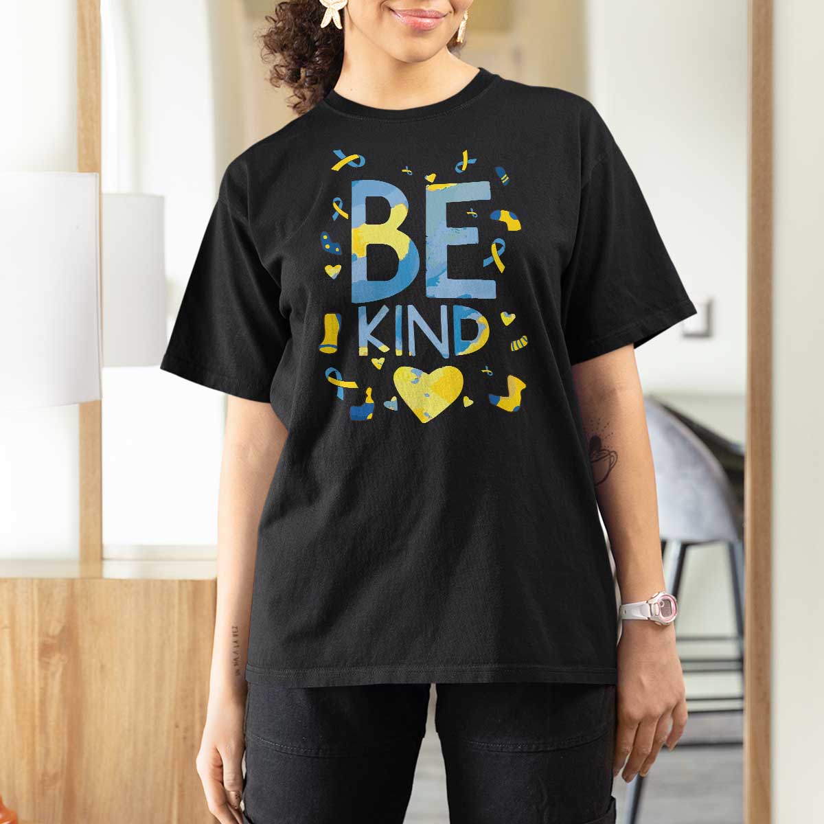 World Down Syndrome Day T Shirt For Women Awareness Support Blue Yellow Ribbon Be Nice Kind