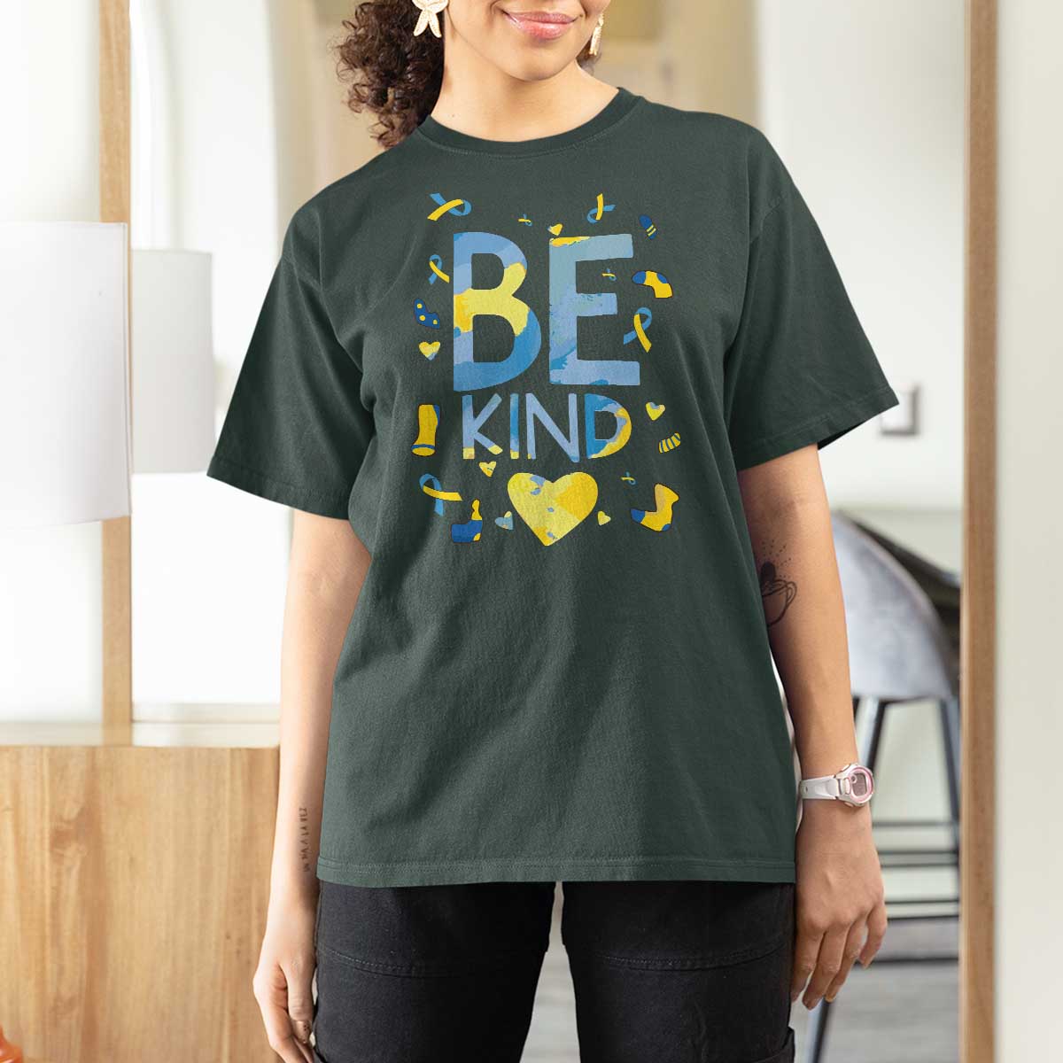 World Down Syndrome Day T Shirt For Women Awareness Support Blue Yellow Ribbon Be Nice Kind