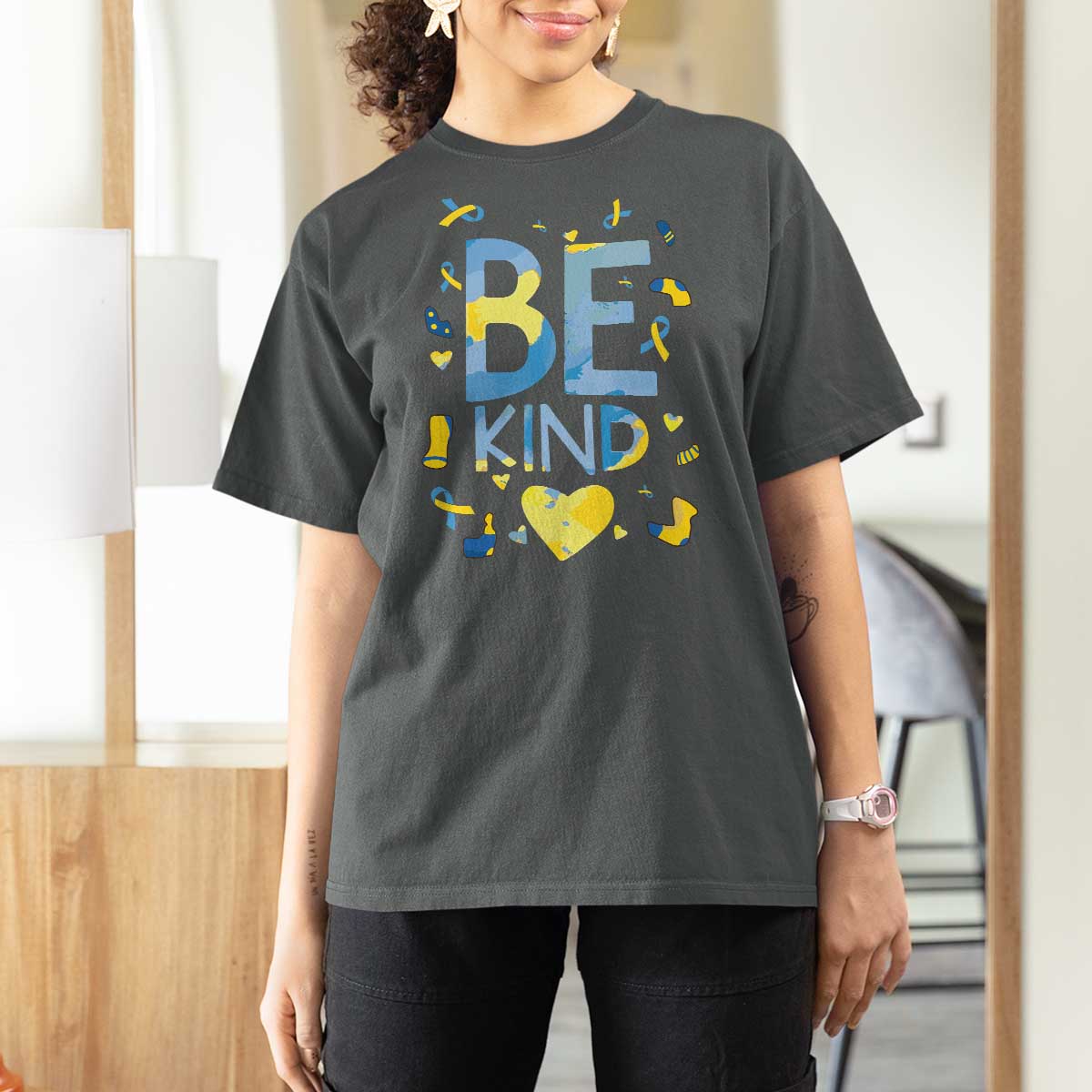 World Down Syndrome Day T Shirt For Women Awareness Support Blue Yellow Ribbon Be Nice Kind