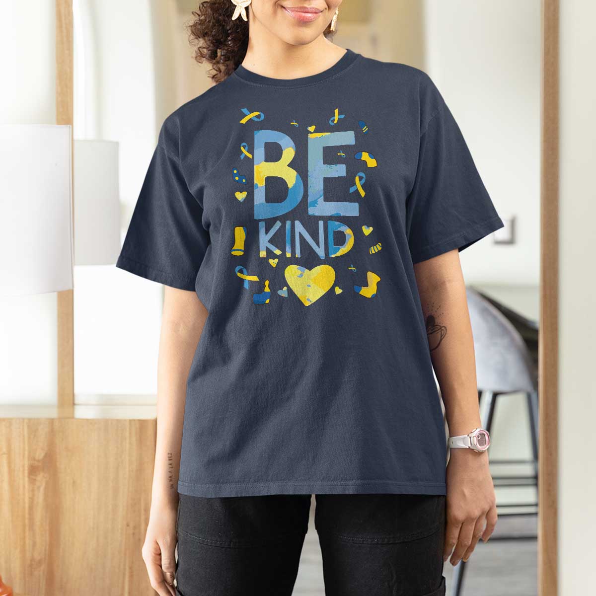 World Down Syndrome Day T Shirt For Women Awareness Support Blue Yellow Ribbon Be Nice Kind