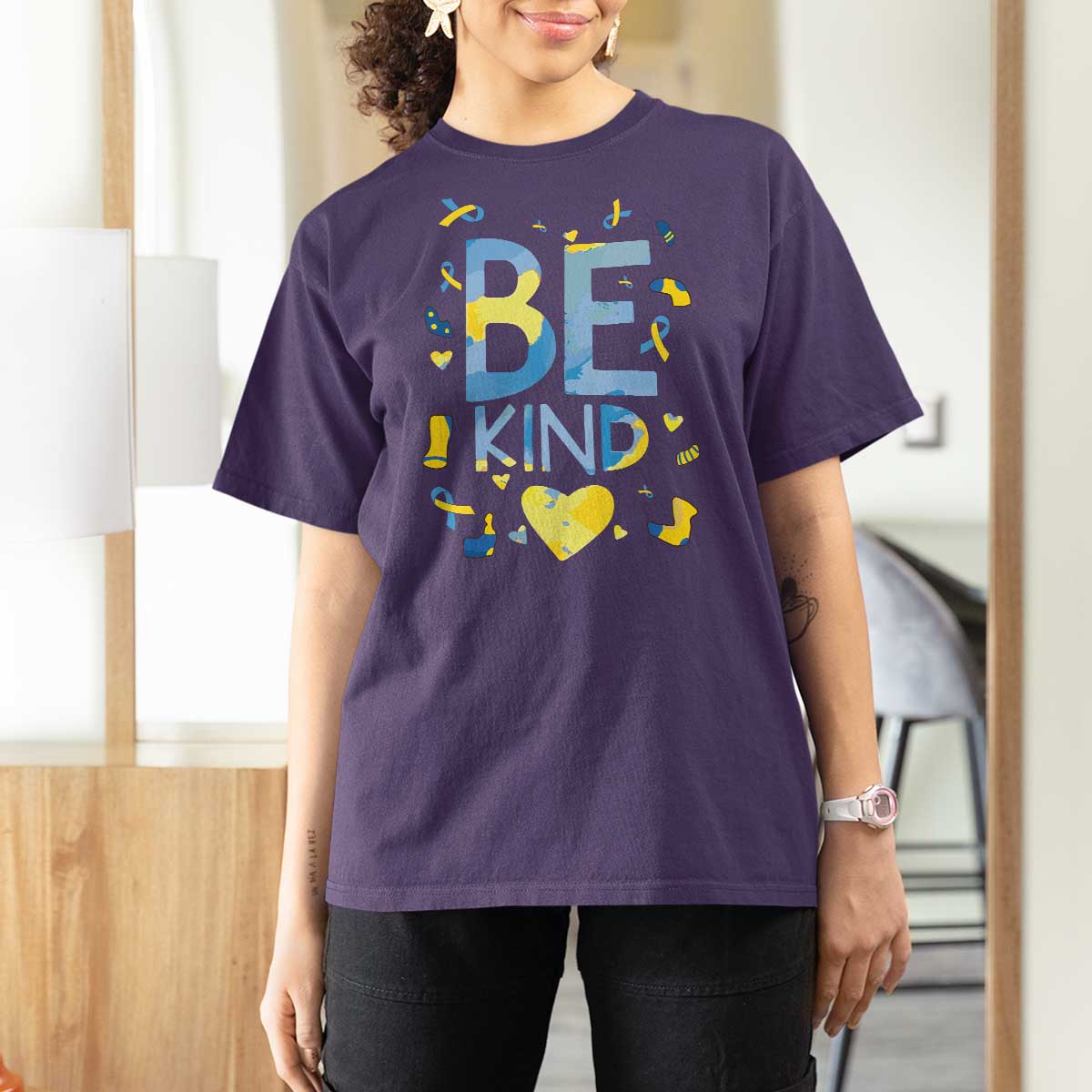 World Down Syndrome Day T Shirt For Women Awareness Support Blue Yellow Ribbon Be Nice Kind