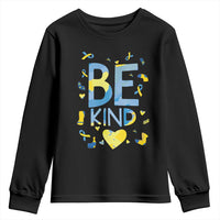 World Down Syndrome Day Youth Sweatshirt Awareness Support Blue Yellow Ribbon Be Nice Kind