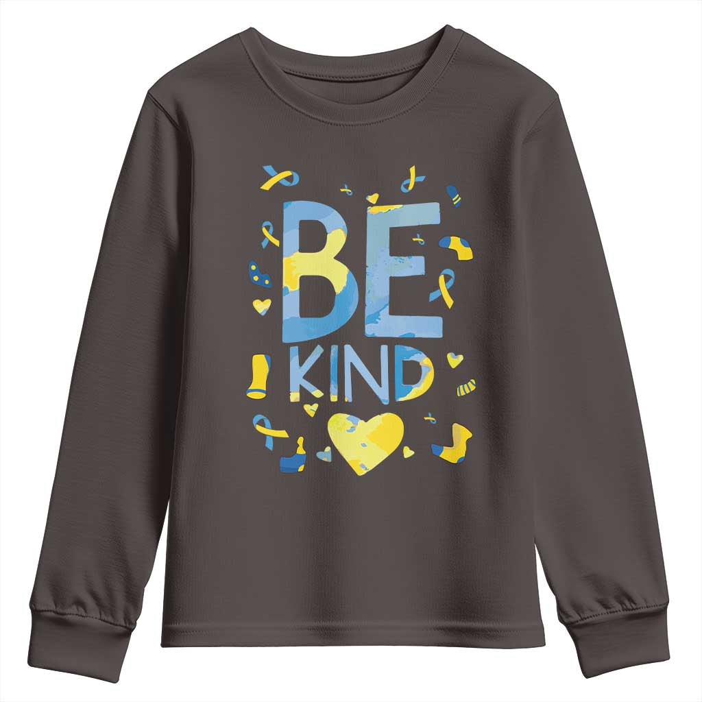 World Down Syndrome Day Youth Sweatshirt Awareness Support Blue Yellow Ribbon Be Nice Kind
