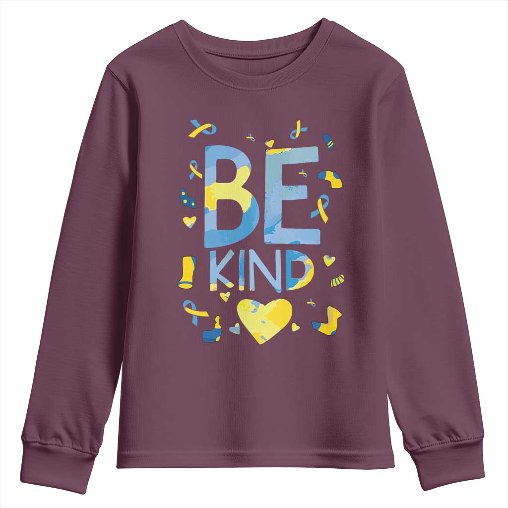 World Down Syndrome Day Youth Sweatshirt Awareness Support Blue Yellow Ribbon Be Nice Kind