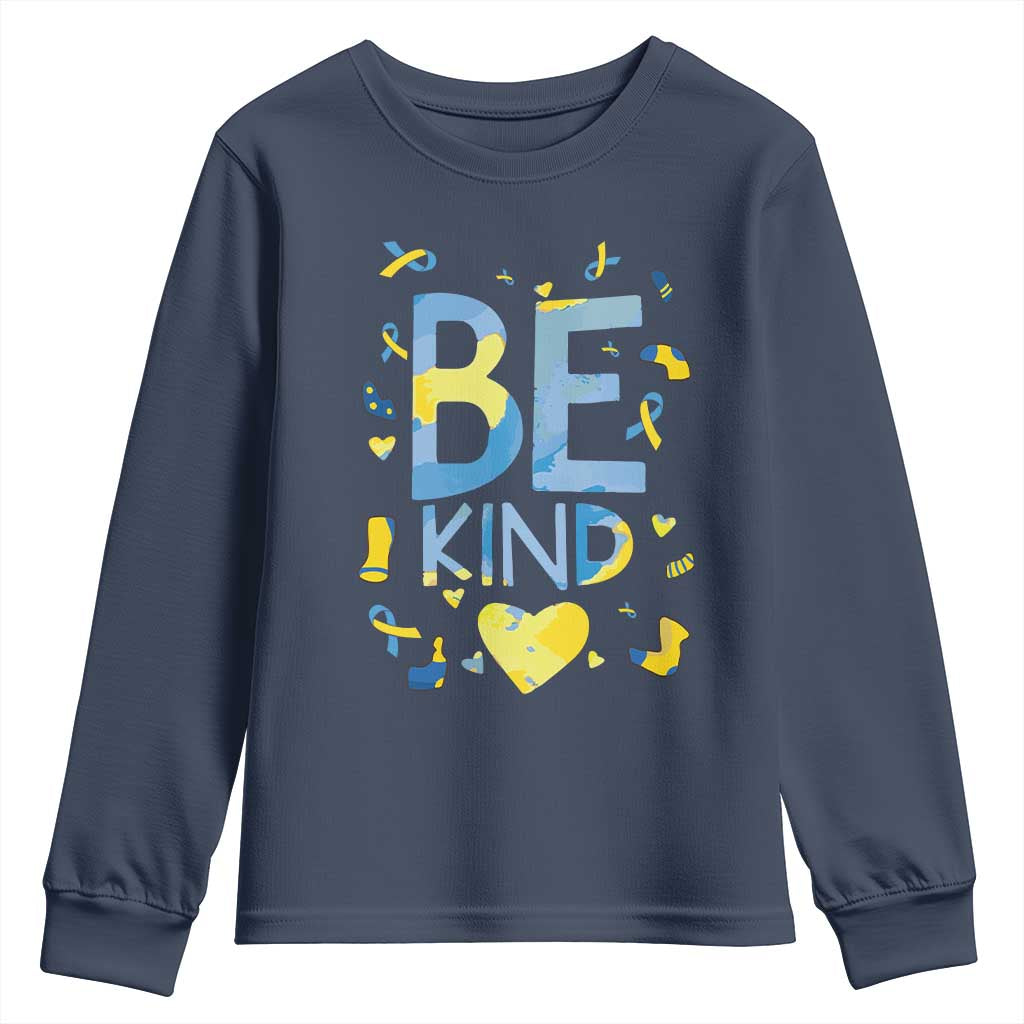 World Down Syndrome Day Youth Sweatshirt Awareness Support Blue Yellow Ribbon Be Nice Kind