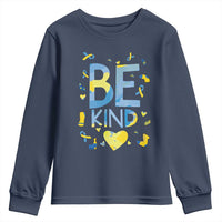 World Down Syndrome Day Youth Sweatshirt Awareness Support Blue Yellow Ribbon Be Nice Kind