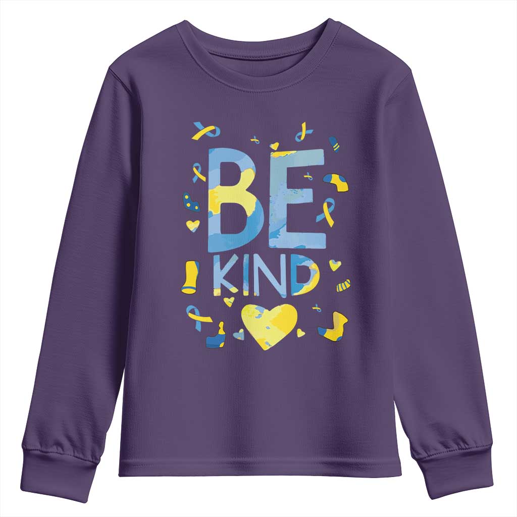 World Down Syndrome Day Youth Sweatshirt Awareness Support Blue Yellow Ribbon Be Nice Kind