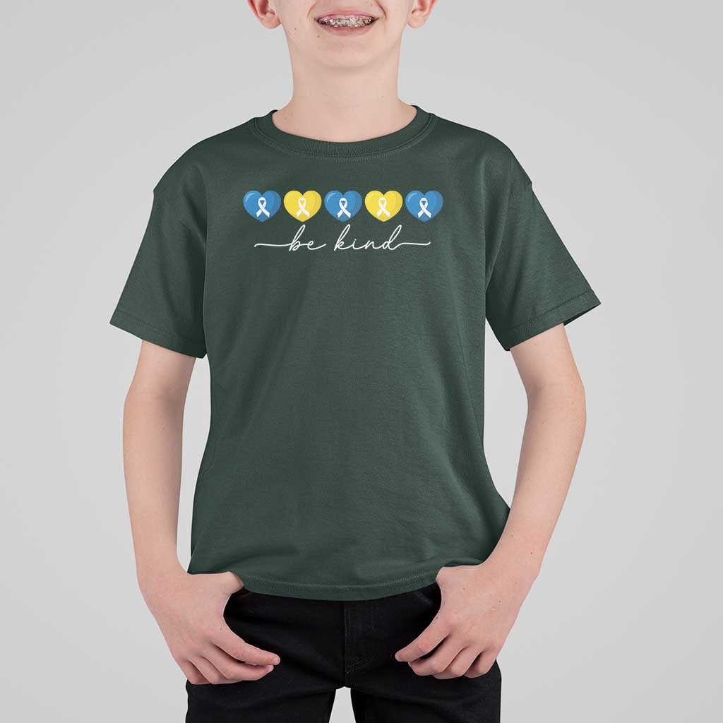 Down Syndrome Awareness T Shirt For Kid Blue Yellow Ribbon Be Kind